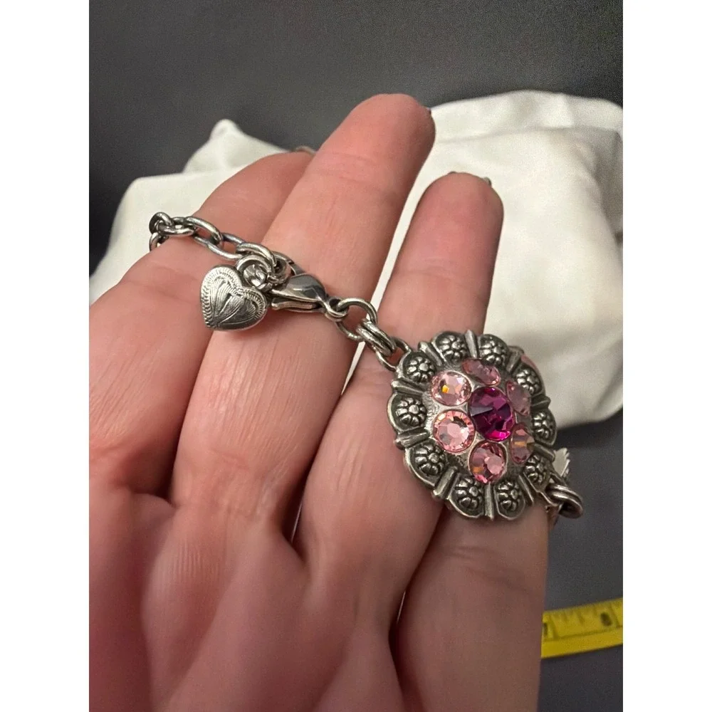 Brighton Pink Power of Pink Silver Plated Concho Rhinestone Link Bracelet Ribbon
